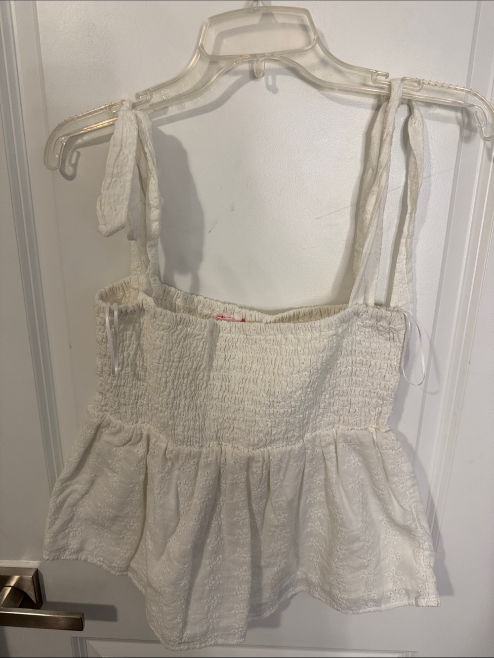 Pink Lily White Smocked Tie-Shoulder Eyelet Tank Top